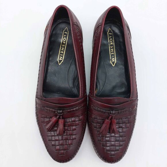 Florsheim Men’s 8.5D Burgundy Leather Tassel Loafers Woven Vamp Dress Shoes - Picture 3 of 10